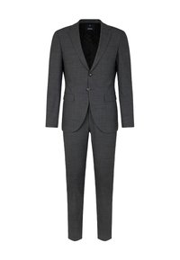 Dunkelgrauer Herrenanzug mit Revers, zweiknöpfigem Verschluss, Klappentaschen und passender Slim-Fit-Hose auf weißem Hintergrund.