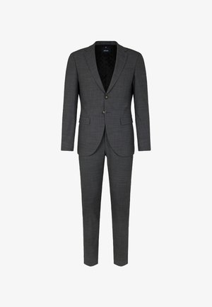 Dunkelgrauer Herrenanzug mit Revers, zweiknöpfigem Verschluss, Klappentaschen und passender Slim-Fit-Hose auf weißem Hintergrund.