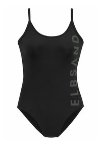 Zwarte zwemkleding met dunne banden, voorzien van een groen "ELBSAND" logo dat verticaal aan de linkerkant is bedrukt. Soepele, rekbare stof.