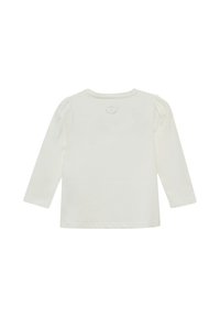 Weißes Langarm-T-Shirt für Kleinkinder mit gepufften Schultern, von hinten auf einem schlichten weißen Hintergrund gezeigt.