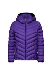 Fioletowa kurtka puchowa z kapturem, z suwakowym zapięciem z przodu, warkoczowym przeszyciem, dwiema kieszeniami na suwak oraz elastycznymi mankietami dla zapewnienia ciepła.