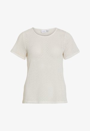 Tricou alb tricotat cu mânecă scurtă, având o textură cu model în romb și un decolteu rotund. Croi lejer, realizat dintr-un material moale și respirabil.