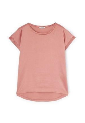 Top roz cu mânecă scurtă, cu decolteu rotund, tivul din spate oarecum mai lung și textură de țesătură netedă. Fără modele sau embellishments.