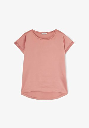 Top roz cu mânecă scurtă, cu decolteu rotund, tivul din spate oarecum mai lung și textură de țesătură netedă. Fără modele sau embellishments.