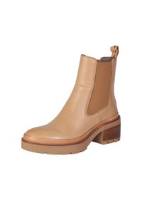 Stivaletti in pelle tan con pannelli laterali elastici e tacco a blocco. Presentano una suola rigata e una linguetta decorativa con un accento rosso.