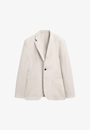 Blazer beige a un solo bottone con rever con incavo e due tasche applicate frontali, mostrato su sfondo bianco.