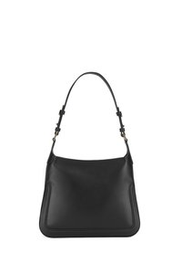 Zwarte leren schoudertas met een gladde afwerking, met een gestructureerde rechthoekige vorm en een verstelbare schouderriem met accenten van goudkleurig beslag.