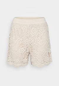 Lace shorts in light beige with floral patterns, scalloped hem, and a textured woven waistband, featuring intricate detailing throughout.