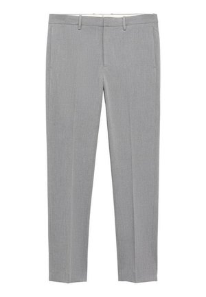 Gray trousers made from a textured fabric, featuring a slim fit, flat front, belt loops, and two side pockets without visible hardware.