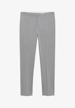 Pantalones grises hechos de una tela texturizada, con un corte ajustado, frente plano, trabillas para cinturón y dos bolsillos laterales sin herrajes visibles.