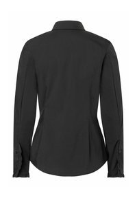 Black long-sleeve shirt with a collared neck, featuring ruffled sleeve cuffs and a fitted design, made from a smooth fabric.