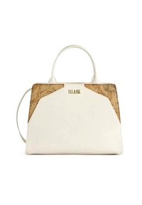 Borsa a mano in pelle bianca con dettagli a motivo mappa, forma strutturata, due manici e logo dorato sulla parte anteriore. Texture liscia.