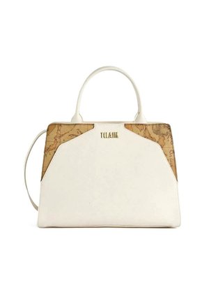 Borsa a mano in pelle bianca con dettagli a motivo mappa, forma strutturata, due manici e logo dorato sulla parte anteriore. Texture liscia.