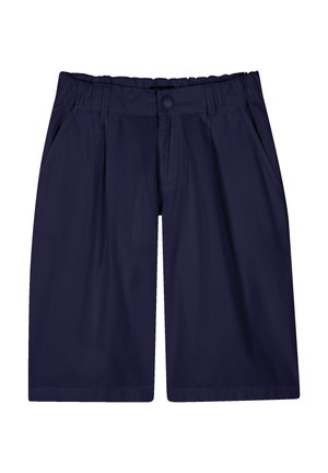 Shorts bleu marine avec une taille élastique et une fermeture à bouton, dotés de poches avant et d'un design à jambes droites. Texture de tissu lisse.