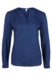 Marinblå långärmad blus i slätt material med V-ringning och veck längs axlarna för extra detalj.