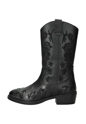 Zwarte leren cowboylaars tot halverwege het kalf met bloemenborduursel, gestructureerd oppervlak en een lage blokhak.