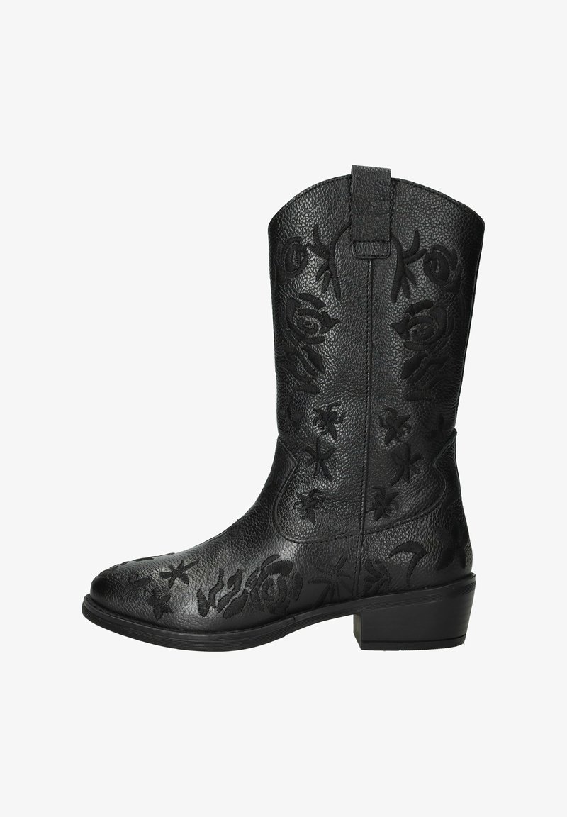 Zwarte leren cowboylaars tot halverwege het kalf met bloemenborduursel, gestructureerd oppervlak en een lage blokhak.