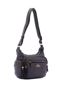 Borsa a tracolla nera in pelle con hardware dorato, diversi taschini con zip, superficie testurizzata, tracolla regolabile e forma arrotondata.