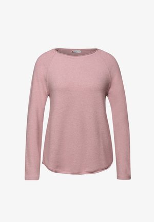 Różowa bluzka z długim rękawem, wykonana z miękkiego materiału, z okrągłym dekoltem i lekko zaokrąglonym dolnym brzegiem oraz rękawami raglanowymi.