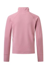Chaqueta de forro polar rosa de manga larga con cuello alto, mostrada desde atrás con detalles de costuras visibles en las mangas y los hombros.