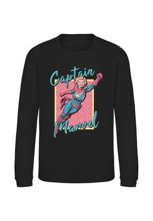 Sort langærmet skjorte med farverig illustration af Captain Marvel, der flyver, og teksten "Captain Marvel" i blå og pink skrift.