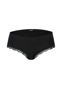 Black cotton hipster underwear with lace trim along the waist and leg openings; features a small gold logo on the side.