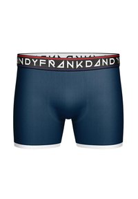 Herrboxer med mörkblått tyg och vita detaljer. Har en svart elastisk midjeband med texten "FRANK DANDY" i vit text.