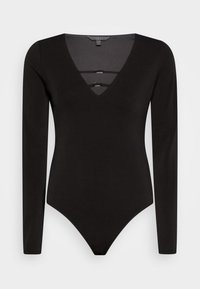 Zwarte lange mouwen bodysuit met een diepe V-halslijn, drie decoratieve uitsparingen met zilveren hardware en een getailleerd ontwerp met een hoge beenopening.