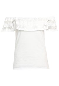 White off-the-shoulder top featuring a ruffled lace overlay and elastic neckline. Made of lightweight cotton with a smooth texture.