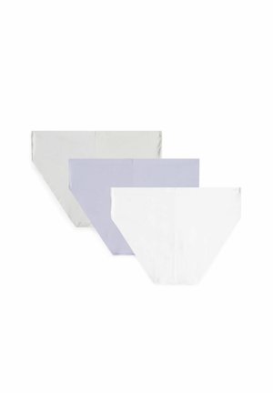Trois culottes sans couture pour femmes unies en blanc, gris clair et bleu clair, disposées en superposition sur fond blanc.