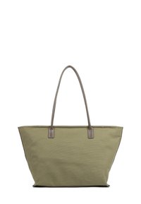 Sac fourre-tout vert à la forme rectangulaire large, avec des accents en cuir gris et deux longues poignées. Fabriqué en tissu texturé, il présente un design simple.