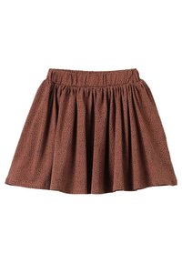 Falda marrón con pequeños puntos negros, cinturilla elástica fruncida y diseño acampanado con pliegues.