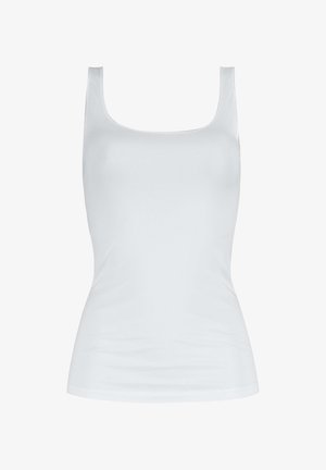 Top senza maniche di colore bianco, realizzato in un tessuto liscio e elasticizzato, con scollatura a barca e una silhouette aderente.