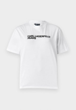 White cotton t-shirt with a crew neckline, short sleeves, and black printed text reading "KARL LAGERFELD JEANS" across the chest.