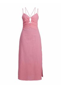 Vestido de lino rosa con tirantes finos tipo spaghetti, un corte en forma de ojo de cerradura, fruncido en el escote y una abertura lateral para un detalle adicional.