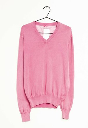 Maglione rosa a scollo a V realizzato in un tessuto morbido, con maniche lunghe e polsini arricciati e una vita aderente. Etichetta visibile all'collo.