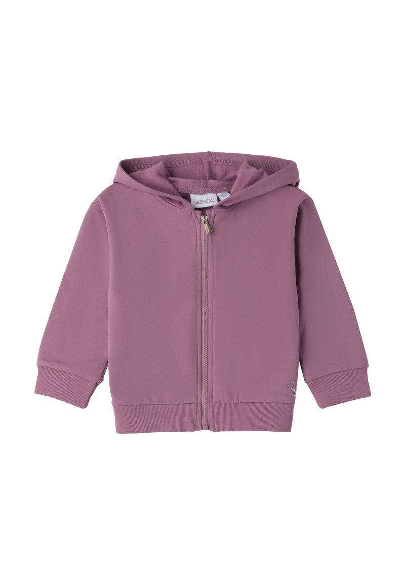 Sudadera con cremallera de color púrpura claro, con capucha, puños y cinturilla acanalados, hecha de una tela suave. Presenta un pequeño detalle de logo en la esquina inferior.