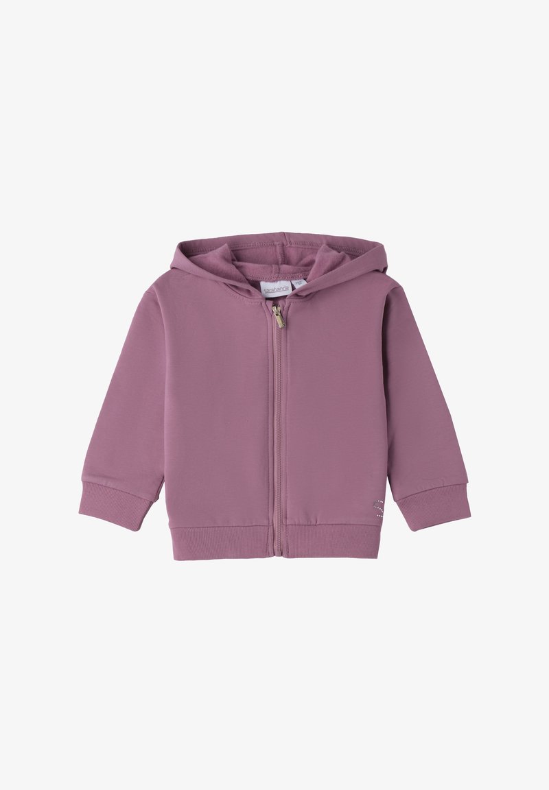 Hellblauer Zip-Hoodie mit Kapuze, gerippten Bündchen und einem Bund, aus weichem Stoff gefertigt. Mit einem kleinen Logo-Detail in der unteren Ecke.