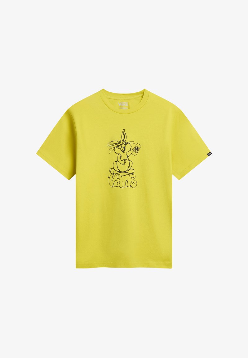 Gul bomulds t-shirt med en sort kontur grafisk illustration af en kanin, der holder en fjernbetjening, med "vans" tekst under kaninens illustration.