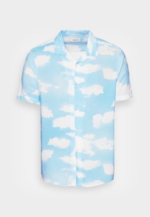 Short-sleeve button-up shirt with a light blue sky and white cloud pattern, featuring a pointed collar and front buttons.