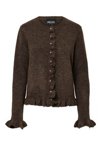 Brun stickad cardigan med rund halsringning, volangkant och manschetter, samt knäppning med dekorativa knappar fram.