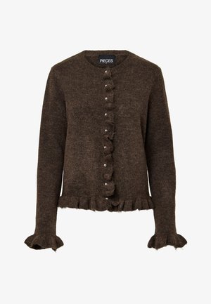 Brązowy, dzianinowy kardigan z okrągłym dekoltem, falbaną u dołu i na mankietach, z zapięciem na guziki i ozdobnymi guzikami z przodu.