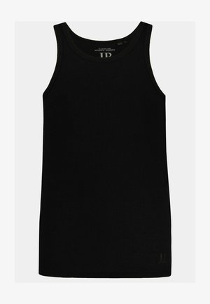 Top in maglia nera a coste con scollatura rotonda e spalline sottili. Presenta un piccolo logo all'orlo. Realizzato in un tessuto morbido e elasticizzato.