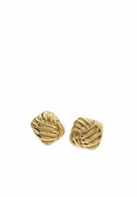 Orecchini a stud in metallo color oro con un design testurizzato e torcigliante. Forma quadrata con intricate scanalature che creano un effetto tridimensionale.