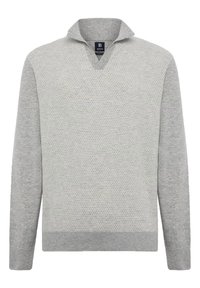 Maglione grigio a maglia con scollo a V, caratterizzato da una parte superiore texturizzata e maniche inferiori lisce. Include polsini e orlo a coste per una maggiore struttura.