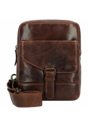 Braune Leder-Crossbody-Tasche mit Klappe, magnetischem Verschluss und verstellbarem Riemen. Verfügt über eine Fronttasche und sichtbare Nähte.