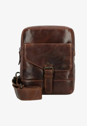 Brown leather crossbody bag with flap, magnetic closure, and an adjustable strap. Features a front pocket and visible stitching details.