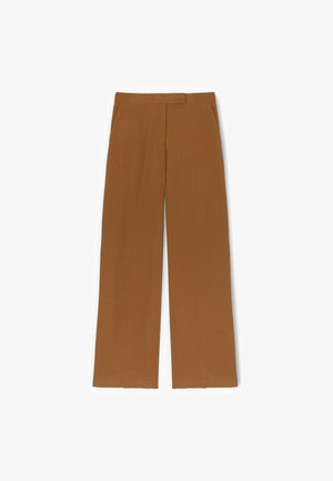 Brune bukser med høj talje og lige ben, med sidelommer og skjult lynlås foran.