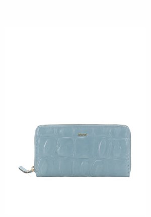 Light blue crocodile-patterned leather zip wallet with gold "abro" logo and zipper pull tab.
