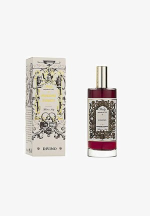 Bottiglia decorativa di profumo Divino con tappo dorato e'etichetta nera ornata accanto a una scatola beige coordinata con disegni barocchi e testo dorato.